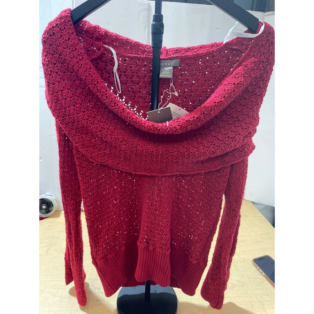Kenar Womens Red Open Knit Cowl Neck Sweater Off Shoulder Crochet Long Sleeve M